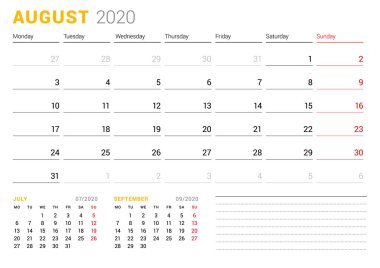 Ağustos 2020 için takvim şablonu. İş planlayıcısı. Kırtasiye tasarımı. Hafta Pazartesi günü başlar. Vektör çizimi
