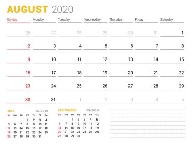 Ağustos 2020 için takvim şablonu. İş planlayıcısı. Kırtasiye tasarımı. Hafta Pazar günü başlar. Vektör çizimi