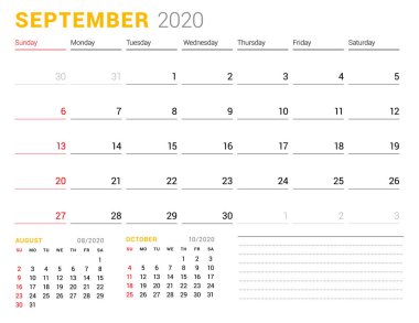 Eylül 2020 için takvim şablonu. İş planlayıcısı. Kırtasiye tasarımı. Hafta Pazar günü başlar. Vektör çizimi