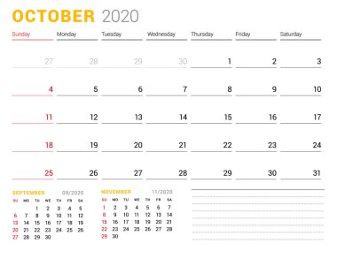 Ekim 2020 için takvim şablonu. İş planlayıcısı. Kırtasiye tasarımı. Hafta Pazar günü başlar. Vektör çizimi