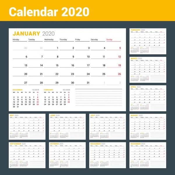 Шаблон календаря на 2020 год. Бизнес-планировщик. Канцелярский дизайн. Неделя начинается в понедельник. Векторная иллюстрация — стоковый вектор