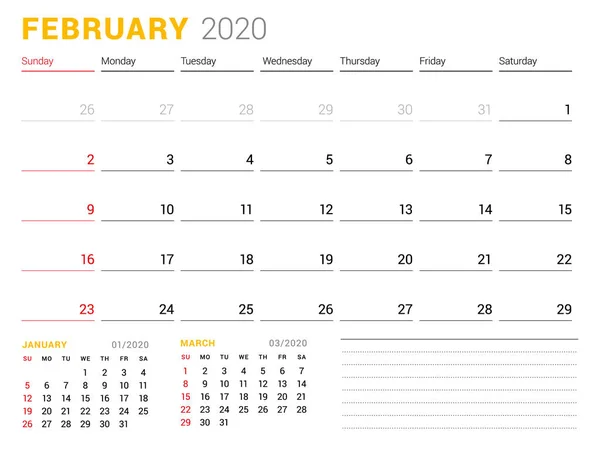 Modelo de calendário para fevereiro de 2020. Planejador de negócios. Design de papelaria. A semana começa no domingo. Ilustração vetorial — Vetor de Stock