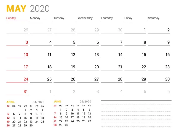 2020 年 5 月的日历模板。商业规划师。文具设计。一周从星期日开始。矢量插图 — 图库矢量图片