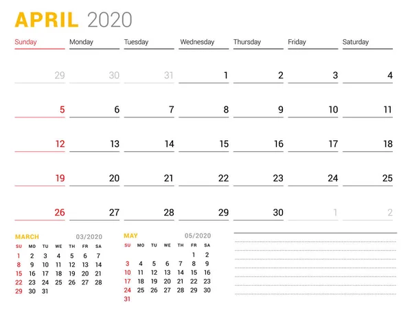 Kalendermall för april 2020. Business Planner. Brevpapper design. Veckan börjar på söndagen. Vektor illustration — Stock vektor