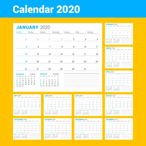 Шаблон календаря на 2020 год. Бизнес-планировщик. Канцелярский дизайн. Неделя начинается в воскресенье. Векторная иллюстрация — стоковый вектор