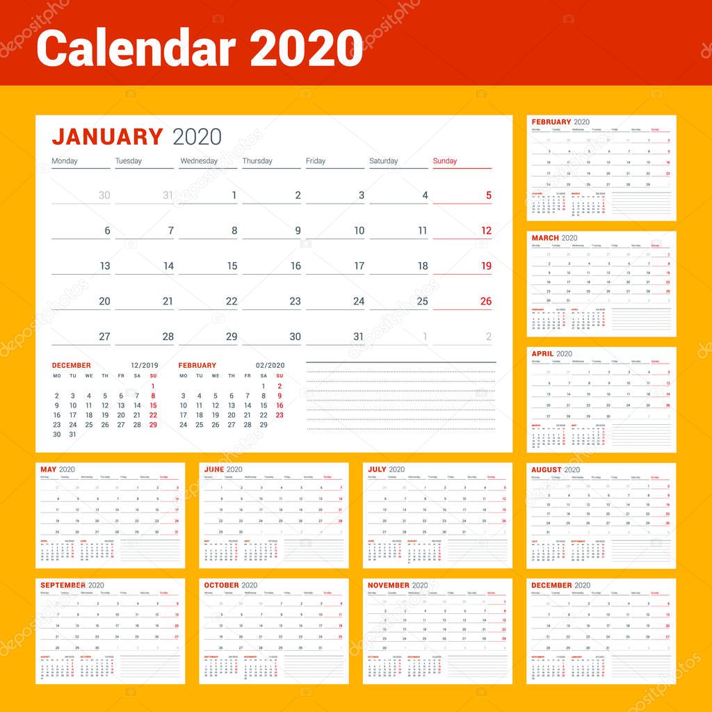 Calendar template for 2020 year. Business planner. Stationery design. Week starts on Monday. Vector illustration
