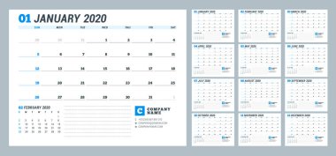 2020 yılı için takvim şablonu. İş planlayıcısı. Kırtasiye tasarımı. Hafta Pazar günü başlar