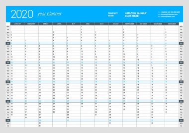 2020 için duvar takvimi yıllık planlayıcısı şablonu. Vektör tasarım baskı şablonu. Hafta Pazartesi günü başlar