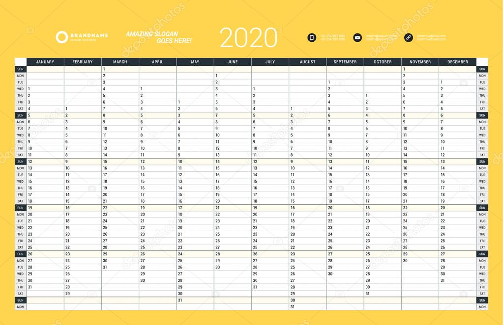 Wall calendar yearly planner template for 2020. Vector design print template. Week starts on Sunday