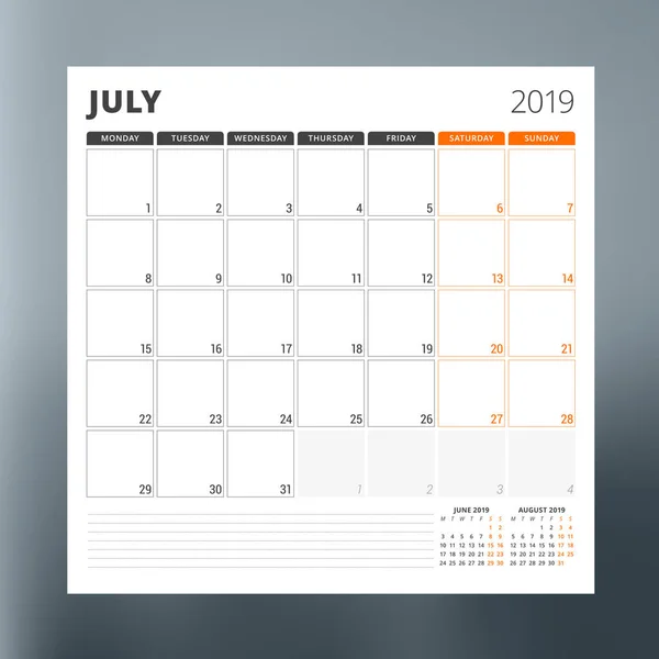 Шаблон планировщика календаря на июль 2019 года. Векторный шаблон — стоковый вектор