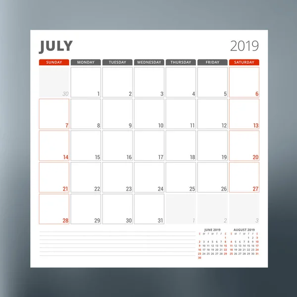 Шаблон планировщика календаря на июль 2019 года. Векторный шаблон — стоковый вектор