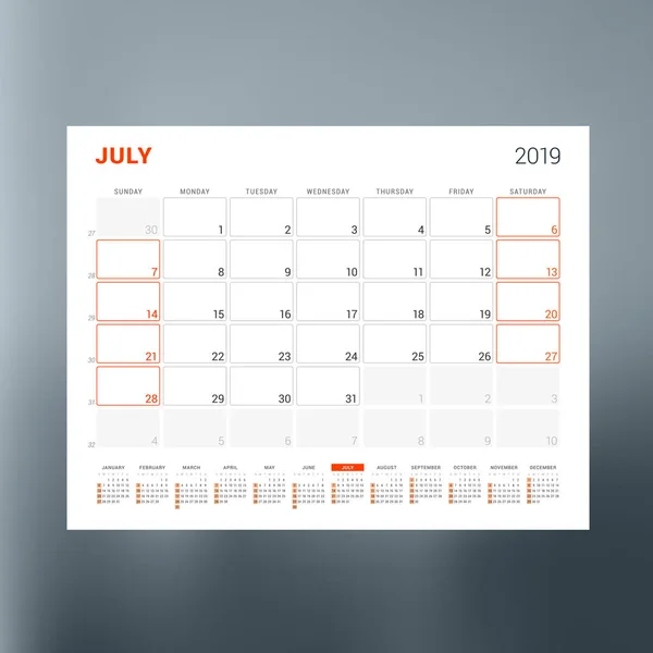 Modelo de planejador de calendário para julho de 2019. Modelo de vetor de impressão de design —  Vetores de Stock