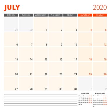 Temmuz 2020 için takvim planlayıcısı. Kırtasiye tasarım şablonu. Hafta Pazartesi günü başlar. Vektör çizimi