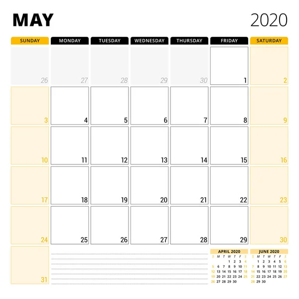 Calendar planner for May 2020. Stationery design template. Week starts on Sunday. Vector illustration — Stock Vector