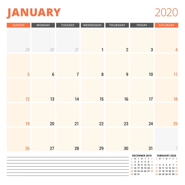 Ocak 2020 takvim planlayıcısı. Kırtasiye tasarım şablonu. Hafta Pazar günü başlar. Vektör çizimi — Stok Vektör