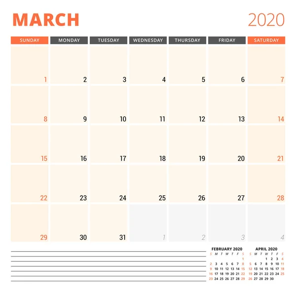 Calendar planner for March 2020. Stationery design template. Week starts on Sunday. Vector illustration — Stock Vector