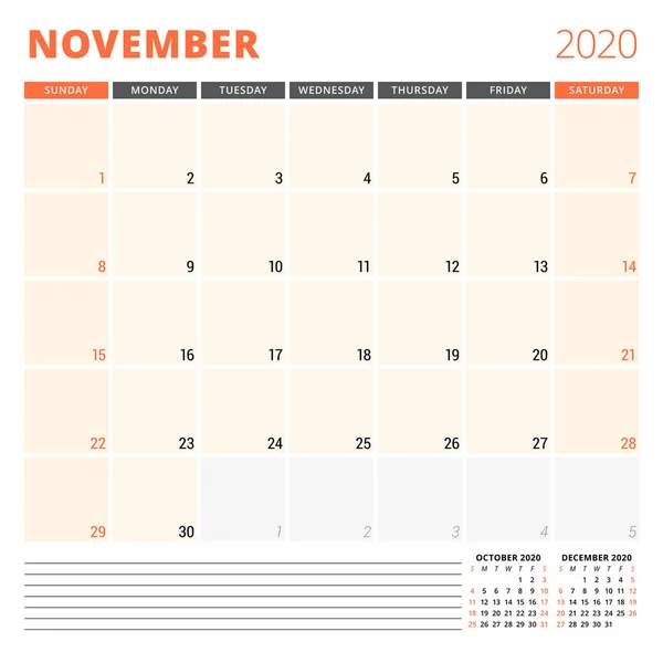 Calendário planejador para Novenber 2020. Modelo de design de papelaria. A semana começa no domingo. Ilustração vetorial —  Vetores de Stock