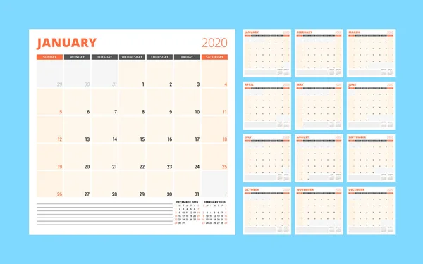 Calendar planner for 2020 year. Stationery design template. Week starts on Sunday. Set of 12 pages. Vector illustration — Stock Vector