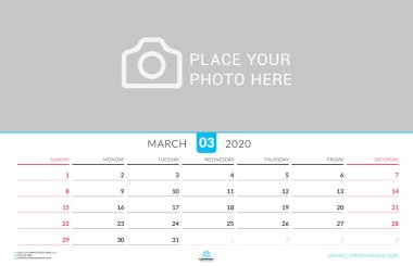 Mart 2020. Fotoğraf için yeri olan duvar takvimi planlayıcısı. Vektör tasarım şablonu. Hafta pazar günü başlıyor. Peyzaj yönelimi