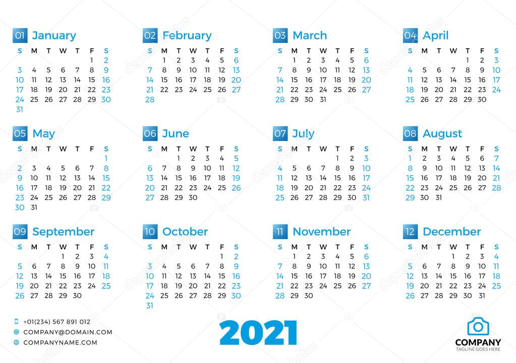 Simple calendar template for 2021 year. Week starts on Sunday. Vector illustration