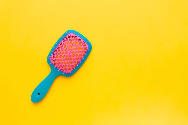 Bright Colored Hair Brush Yellow Background Top View Hair Care — Stock Photo, Image