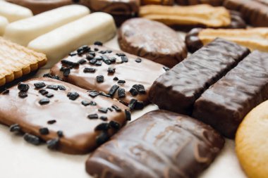 Çeşitli kurabiyeler. Çikolata parçacıklı kurabiyeler. Seçici odak.