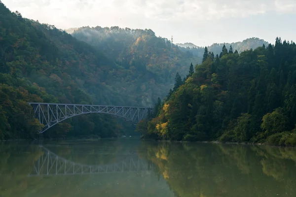 Follaje Otoño Fukushima First Bridge Daiichi Kyouryou Desde Orilla Del — Foto de Stock