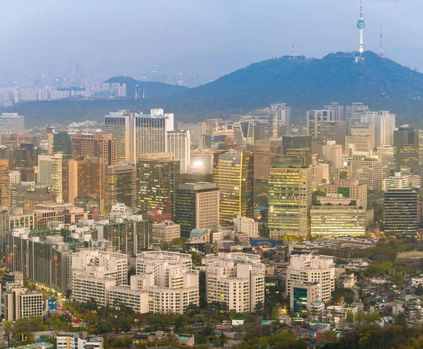 Seul Downtown Cityscape Güney Kore Seul Kulesi Ile Hava Günbatımı — Stok fotoğraf