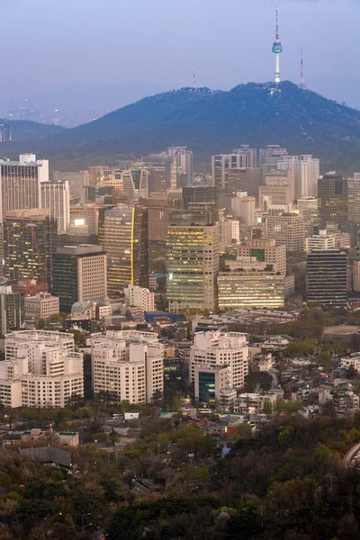 Solnedgång Och Natt Flygfoto Över Downtown Seoul Stadsbild Med Seoul — Stockfoto