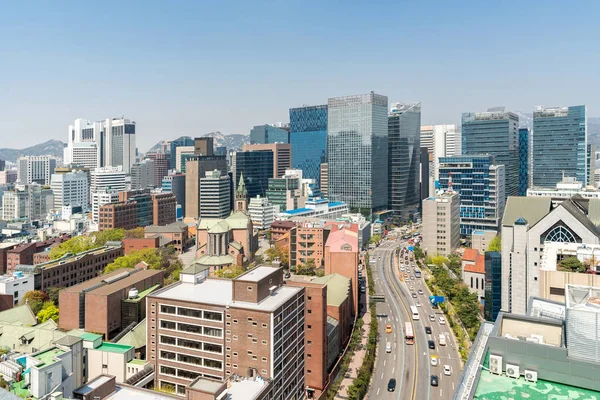 Vista Aérea Del Paisaje Urbano Del Centro Seúl Myeongdong Corea — Foto de Stock