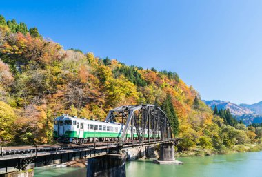 Sonbahar sonbahar yaprakları Fukushima Tadami kara köprü View Point Fukushima Japonya'da