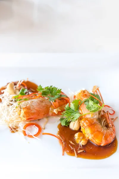 Fried Tiger Prawn Grilled Shrimp Tamarind Sauce Gourmet Thai Cuisine — Stock Photo, Image