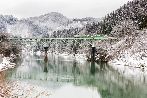 Comboio Inverno Neve Paisagem Ponte — Fotografia de Stock