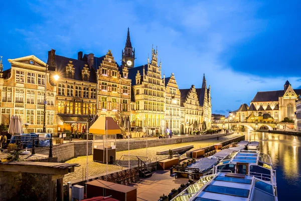 Malebné Středověké Budovy Břehu Řeky Leie Městě Ghent Belgie Soumraku — Stock fotografie