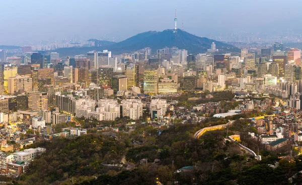 Tramonto Aereo Vista Notturna Seoul Downtown Paesaggio Urbano Con Seoul — Foto Stock
