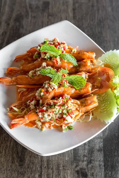 Tiger Garnalen Pikante Salade Thaise Zeevruchten Gerechten — Stockfoto