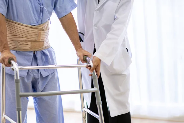 Lady doctor help elderly using adult walker in hospital