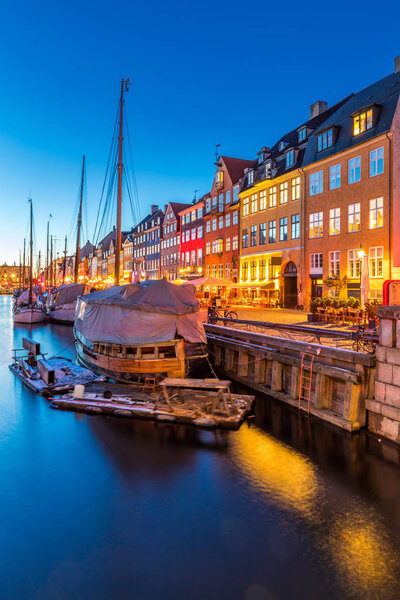 Copenhagen Nyhavn, New port of Copenhagen, at night in Denmark