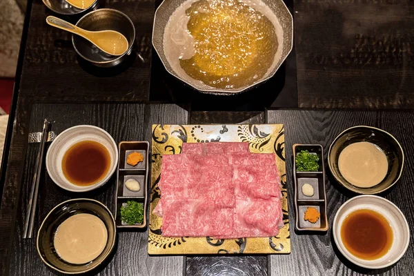 Carne Vaca Matsusaka Wagyu Beef Shabu Shabu Conjunto Con Vapor — Foto de Stock