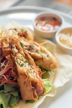 Derin yağda kızartılmış bahar rulo beyaz plaka Tayland gıda