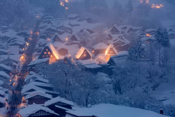 Paysage Hivernal Shirakawago Illuminé Avec Chutes Neige Gifu Chubu Japon — Photo