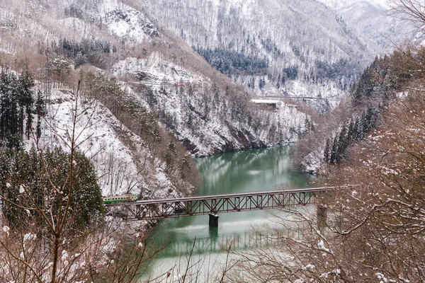 Zug Winterlicher Landschaft Schnee Auf Brücke — Stockfoto