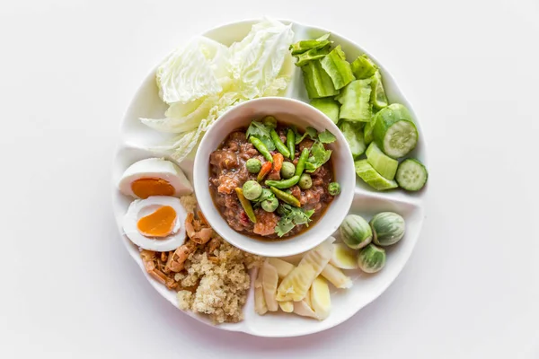 Nam Phrik Pasta Chile Tailandés Con Variedad Verduras Camarones Huevos —  Fotos de Stock