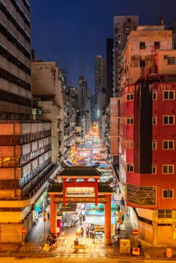 Havadan görünümü Temple street gece bit pazarı aydınlatma Kowloon Hong Kong