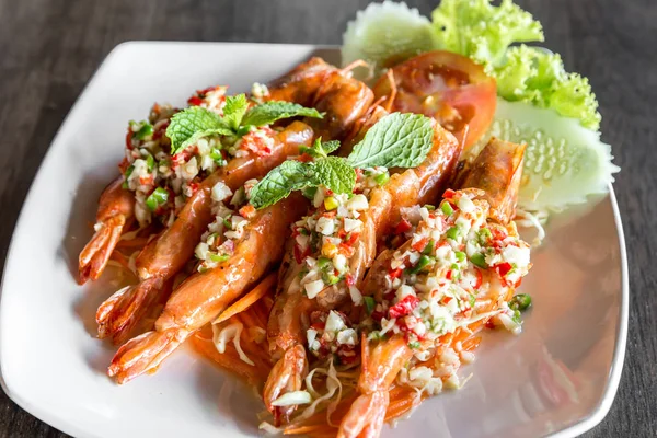 Salade Épicée Crevettes Tigrées Cuisine Gastronomique Thaïlandaise Aux Fruits Mer — Photo