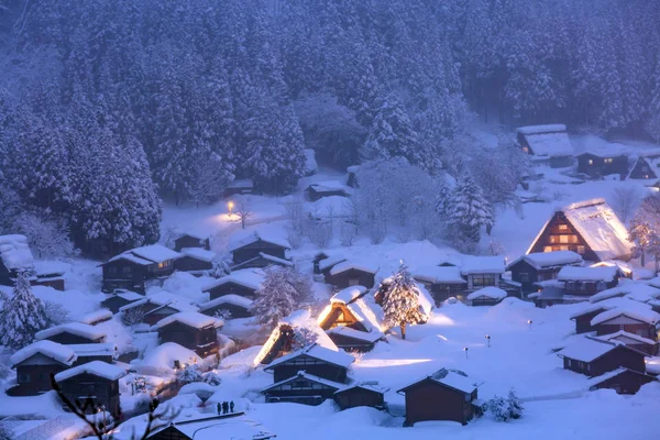 Winterlandschap Van Shirakawago Licht Met Sneeuwval Gifu Chubu Japan — Stockfoto