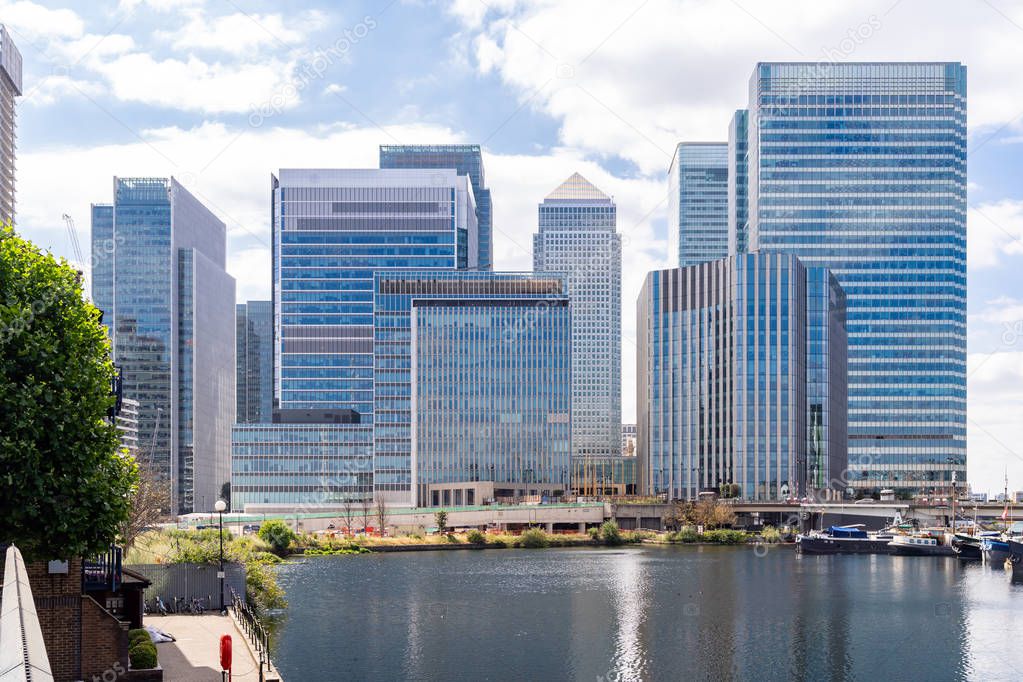 Skylines buildings at Canary Wharf in London UK sunset twilight