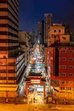 Havadan görünümü Temple street gece bit pazarı aydınlatma Kowloon Hong Kong