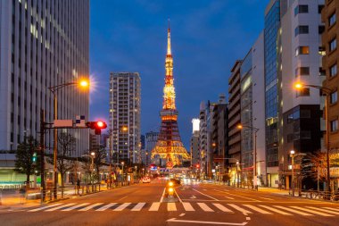 Tokyo Tower Tokyo siluetinin city scape monato koğuş ile alacakaranlıkta. Tokyo Tower ünlü Simgesel Yapı yüksekliği 332.9, Japonya'nın ikinci en yüksek kulenin metredir.