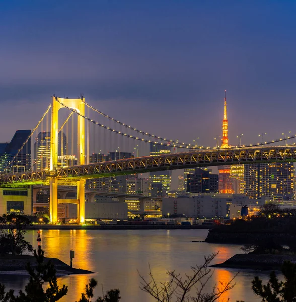 东京日落与东京塔和彩虹桥与东京城市景观背景从台场日本 — 图库照片